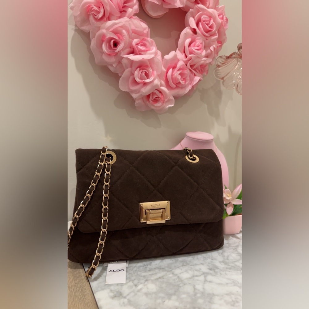 Aldo Dark Brown Quilted Chain-Shoulder Bag with Gold Hardware